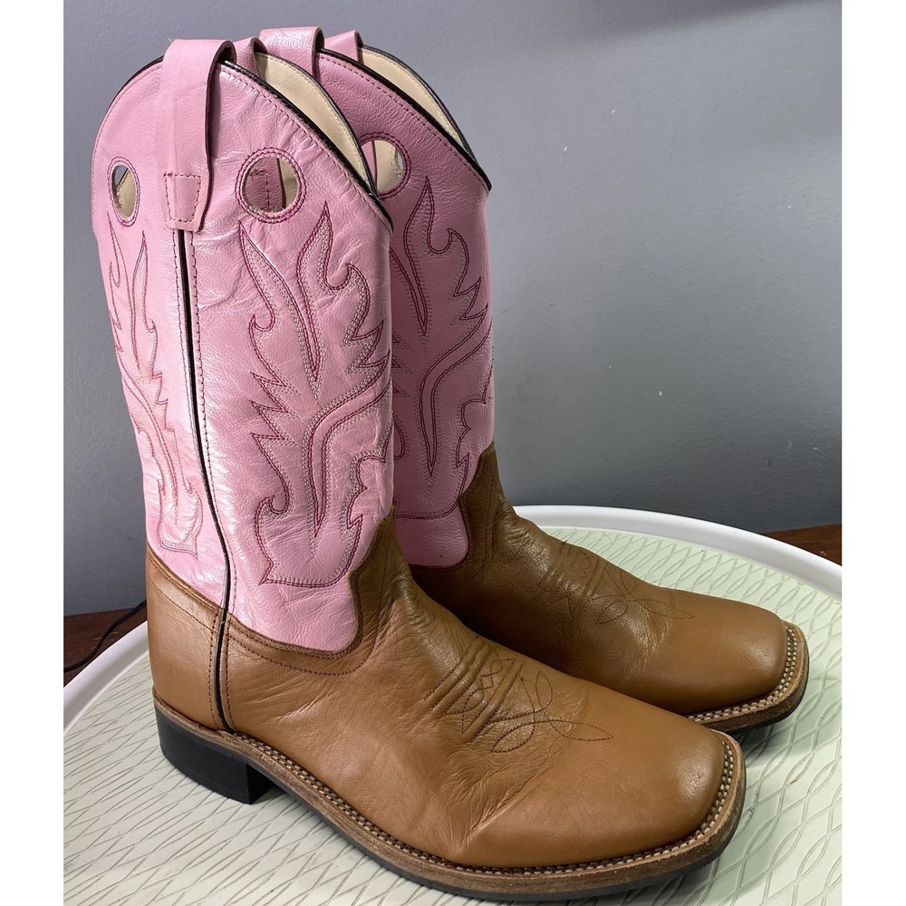 Old West Women Leather Western Cowboy Boots Cowgirl Tan&Pink Sz. 9 Women/7 Youth